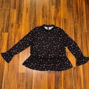 Haute Rogue Womens Black Floral Mock Neck Peplum Blouse Velvet Trim Large